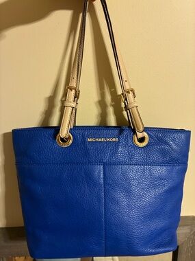 Michael Kors Cobalt Blue Leather Tote with Cream Straps